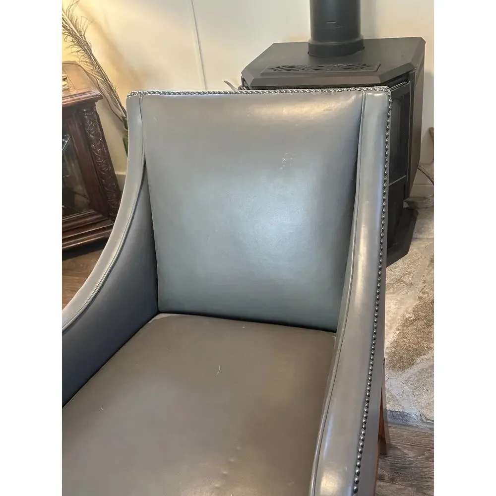 Authentic Ralph Lauren Home Leather Armchair Slate Grey Silver Nailhead MINT